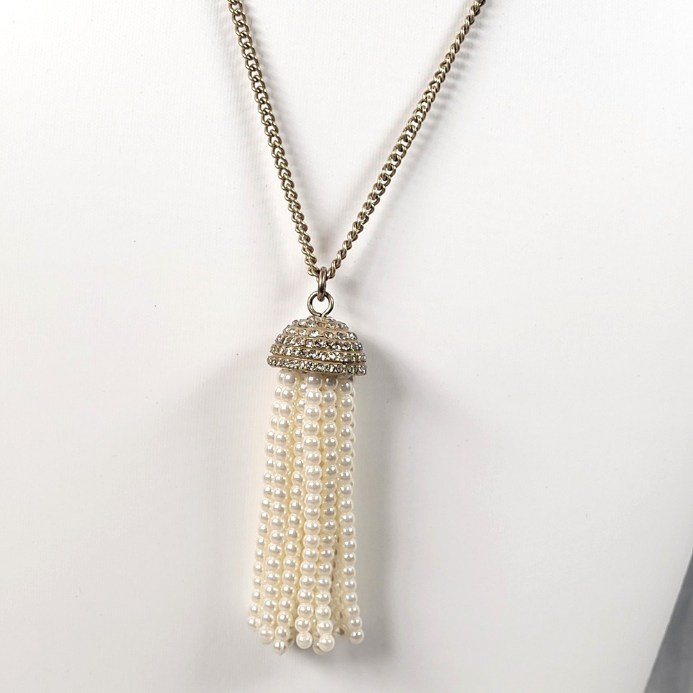 J. Crew Faux Pearl Tassel Pendant Necklace Gold Tone Crystal Dome Long Style